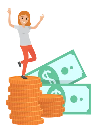 Happy Businesswoman With Cash Money Lady Dancing Near Currency Pennies Positive Woman Rejoices At Wealth And Business Success Female Character In Dance Next To Finance Stack Of Gold Coins Illustration