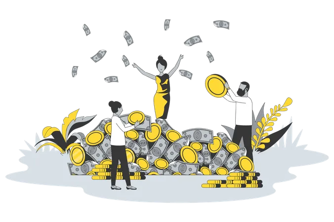 Finance And Wealth Concept In Flat Line Design People Standing Near To Pile Of Money Holds Coins And Cash Earnings Investment And Financial Success Vector Illustration With Outline Scene For Web Illustration