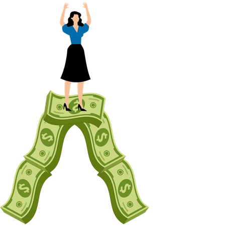 Wealthy businesswoman standing on mountain of wealth  Illustration