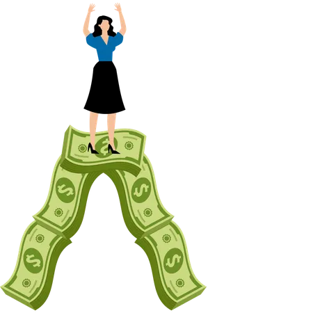 Wealthy businesswoman standing on mountain of wealth  Illustration