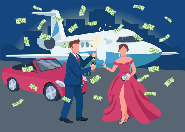 Wealthy couple opening champagne bottle Illustration