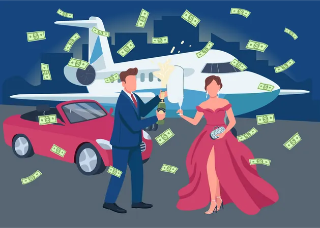 Wealthy Couple Opening Champagne Bottle Flat Color Vector Illustration Money Flying Around Rich People Having Celebration 2 D Cartoon Characters With Transport And Cityscape On Background Illustration