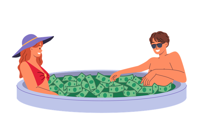 Wealthy couple swims in pool filled with money enjoying luxury of high investment returns  Illustration