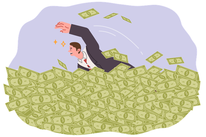 Wealthy man swimming in money earned from investing in business projects  Illustration