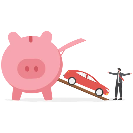 Saving Money For New Car Automobile Expense And Cost Or Car Loan Concept Wealthy Piggy Bank Open Container Loading Deliver New Car To New Owner Illustration