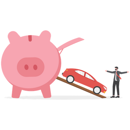 Wealthy piggy bank open container loading deliver new car to new owner  Illustration