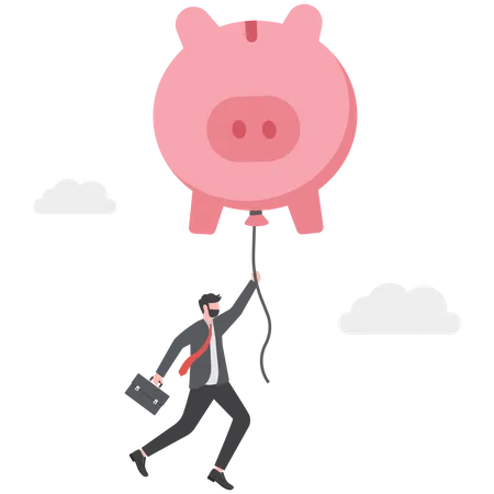Financial Freedom Or Financial Independence Concept Wealthy Rich Businessman Floating High In The Sky With A Piggy Bank Balloon Illustration