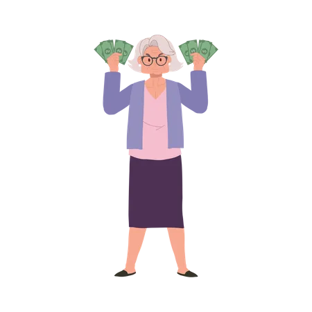 Wealthy Senior Enjoying Financial Success Full Length Illustration Of Elderly Woman Holding Money Fan Illustration