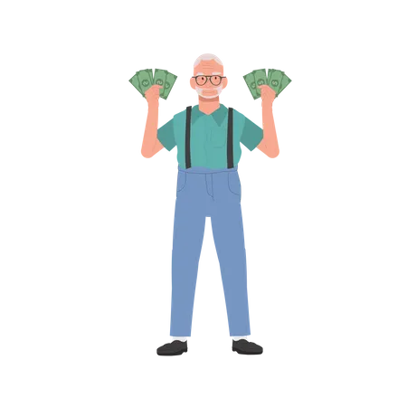 Wealthy Senior Enjoying Financial Success Full Length Illustration Of Elderly Man Holding Money Fan Illustration