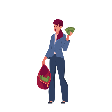 Wealthy Woman Hold Handbag With Money  Illustration