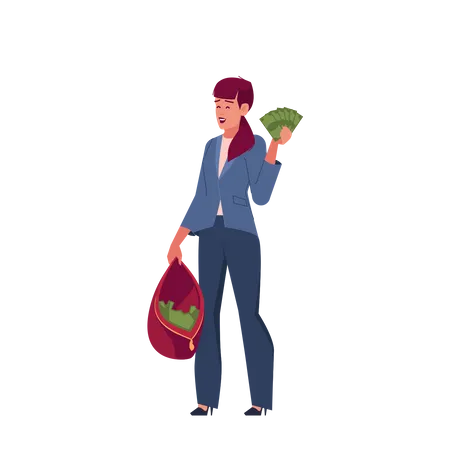 Wealthy Woman Hold Handbag With Money  Illustration