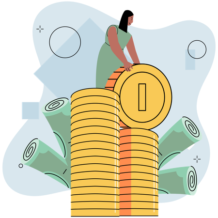 Wealthy woman stands on pile of gold coins  Illustration
