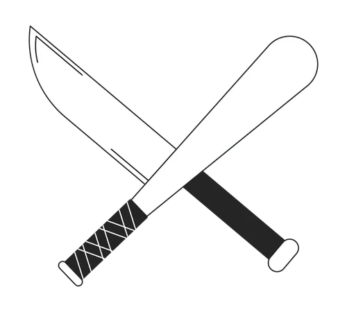 Crossed Weapon Flat Monochrome Isolated Vector Object Baseball Bat And Sharp Sword Editable Black And White Line Art Drawing Simple Outline Spot Illustration For Web Graphic Design Illustration