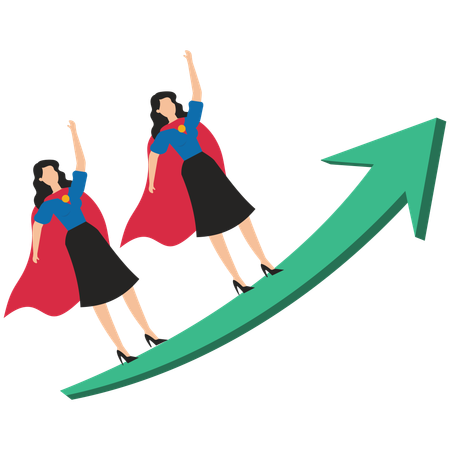 Wearing cape businesswomen leading arrow charts to fly high  Illustration