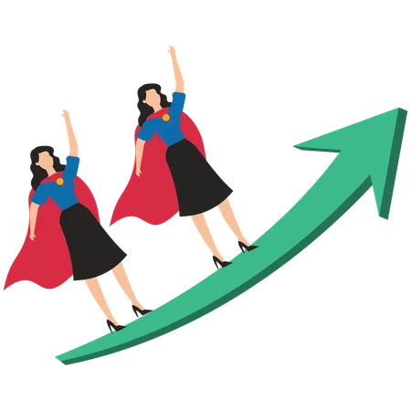 Wearing cape businesswomen leading arrow charts to fly high  Illustration