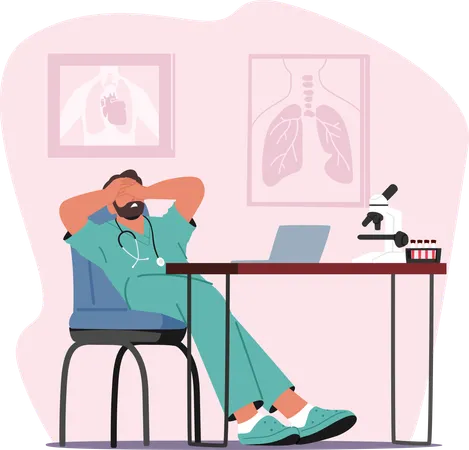 Weary And Disheartened Doctor Slouches In His Office Burdened By Exhaustion And Sorrow A The Weight Of Countless Patients Struggles Etched Across His Fatigued Face Cartoon Vector Illustration Illustration