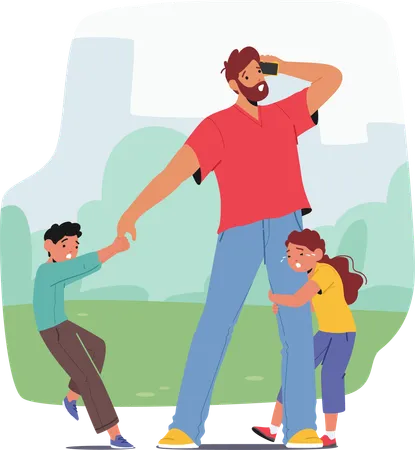 Weary Father His Face Etched With Exhaustion Struggles To Speak By Phone And Comfort His Tearful Children On A Bustling Urban Street Tired Parent Character Cartoon People Vector Illustration Illustration
