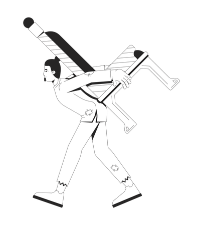 ぼろぼろの服を着て疲れた男が王の玉座を背負っている  イラスト
