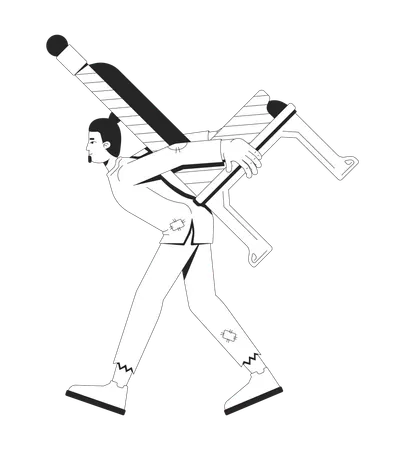 ぼろぼろの服を着て疲れた男が王の玉座を背負っている  イラスト