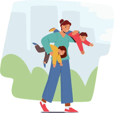 Weary Mother Character Burdened But Determined Carries Her Children Through The City Streets Fatigue Etched Across Her Face Motherhood Exhaustion Concept Cartoon People Vector Illustration Illustration