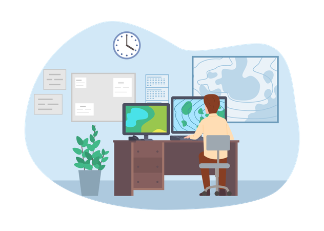 Weatherman observing weather radar at computer screen at desk  Illustration