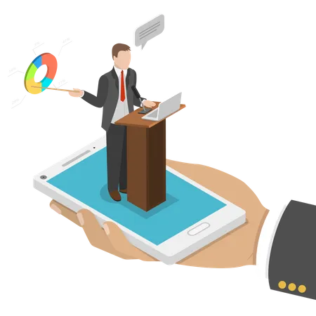 Web Conference Flat Isometric Vector Concept Mans Hand Takes A Smartphone With Webinar Speeker On It Illustration