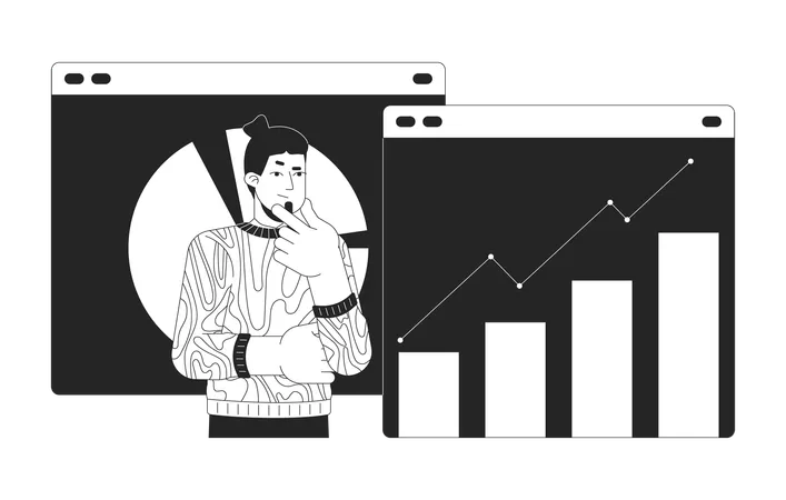 Web Data Analyst Black And White 2 D Illustration Concept Statistician Caucasian Man Cartoon Outline Character Isolated On White Webpages Analytics Trader Male Metaphor Monochrome Vector Art Illustration