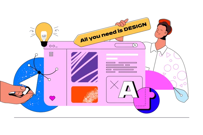 Web Design Concept With Character Scene Designer Finding Creative Solutions For Sites Layout And Application Interfaces People Situation In Flat Design Vector Illustration For Marketing Material Illustration