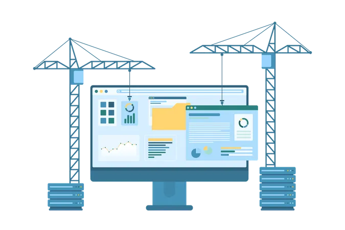 Web Design Development Vector Illustration Cartoon Isolated Construction Cranes Build Webpage With UI And Content Elements On Computer Monitor Construct And Develop Usability Of New Product イラスト