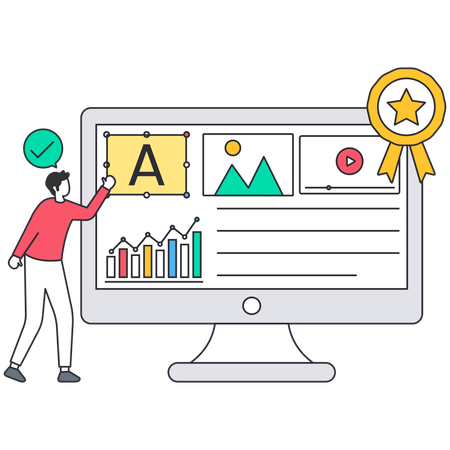 Web designer creating website layout on computer screen with analytics dashboard and multimedia content  Illustration