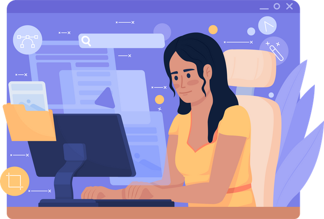 Web Designer feminina trabalhando no computador  Ilustração
