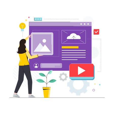 Web designer feminina trabalhando no design do site  Ilustração