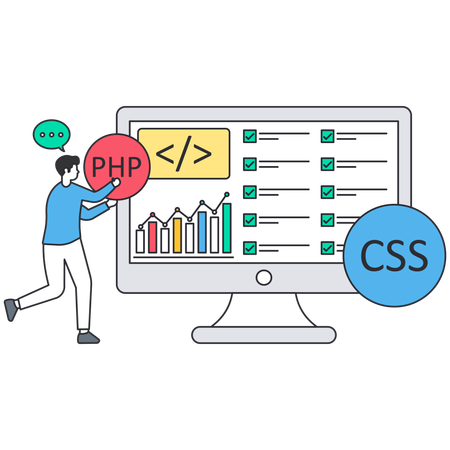 Web developer coding with PHP and CSS on a computer screen showing a data analysis graph and a completed task list  Illustration