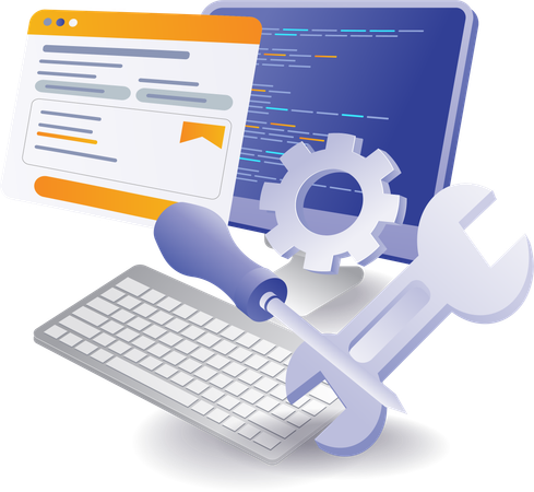 Web developer creates application displays using programming language Illustration