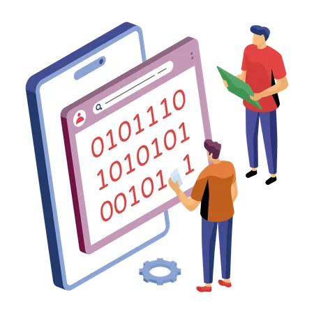 Web developer using binary coding language for security  Illustration