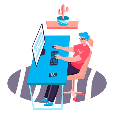 Programming And Software Development Concept Man Comes Up With And Writes Program Code At Computer Programmer At Office Character Scene Vector Illustration In Flat Design With People Activities Illustration