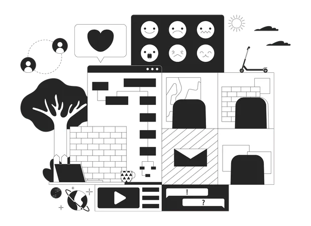 Web Development Black And White 2 D Illustration Concept Telecommuting Software Creation Technology Cartoon Outline Objects Isolated On White Programming Online Work Metaphor Monochrome Vector Art Illustration