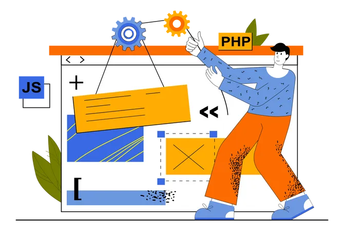 Web Development Concept Developer Creates Layout Of Site Programming At Different Languages Places Buttons Navigation Elements Vector Illustration For Web Page Template In Flat Line Design Illustration