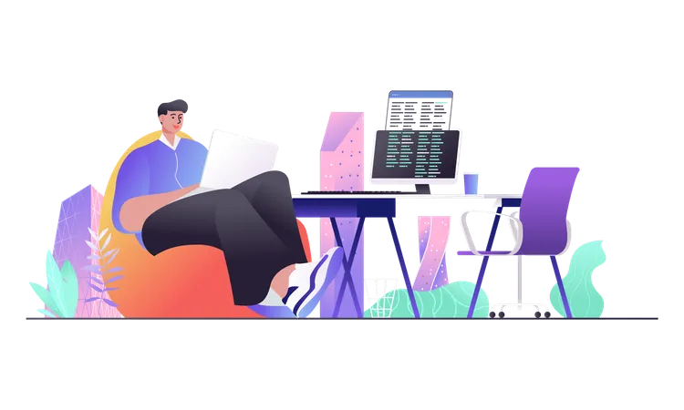 This Is Your Programmer Concept For Landing Page Developer Works At Laptop Writes Code On Computer Creates Programs Web Banner Template Vector Illustration In Flat Cartoon Design For Web Page イラスト
