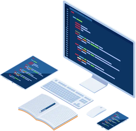 Flat 3 D Isometric Computer Code On Monitor Smartphone And Tablet Developing Cross Platform Website Website Design Development Code Programming Concept Illustration