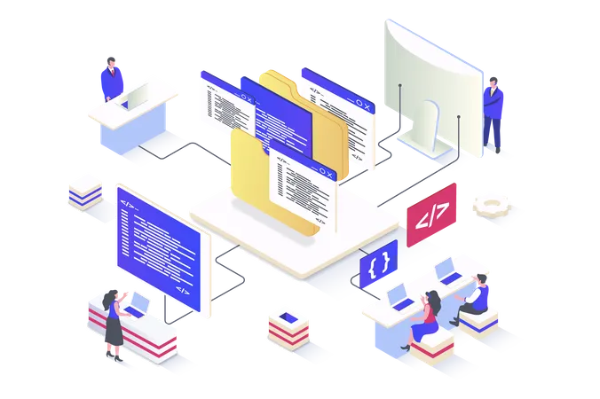Web Development Concept In 3 D Isometric Design Designers Prototyping And Coding Working On Ui Ux For Mobile Apps And Pages Layouts Vector Illustration With Isometry People Scene For Web Graphic Illustration