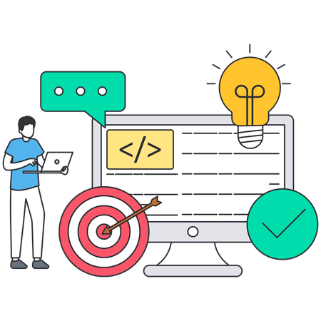 Web development process with programmer coding on computer idea lightbulb and business goal target for project management Illustration