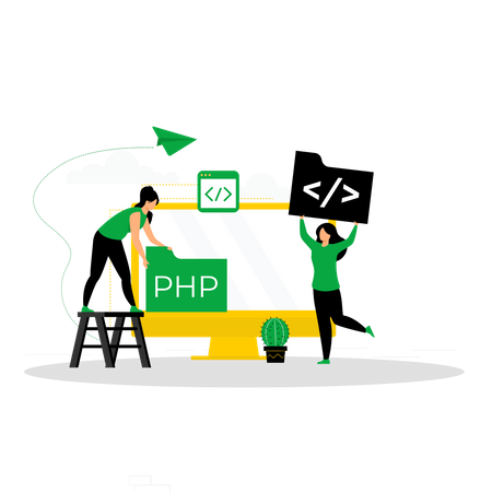 Web development team working on PHP code  Illustration