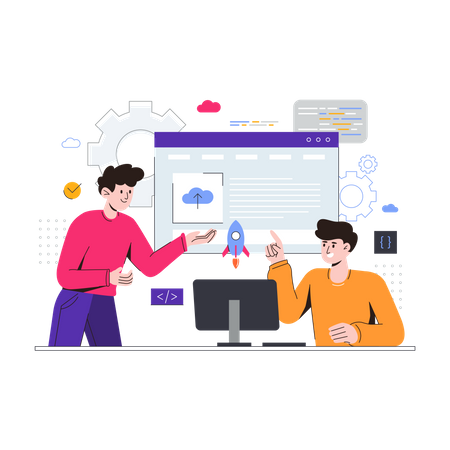 Web development team working on website launch  Illustration