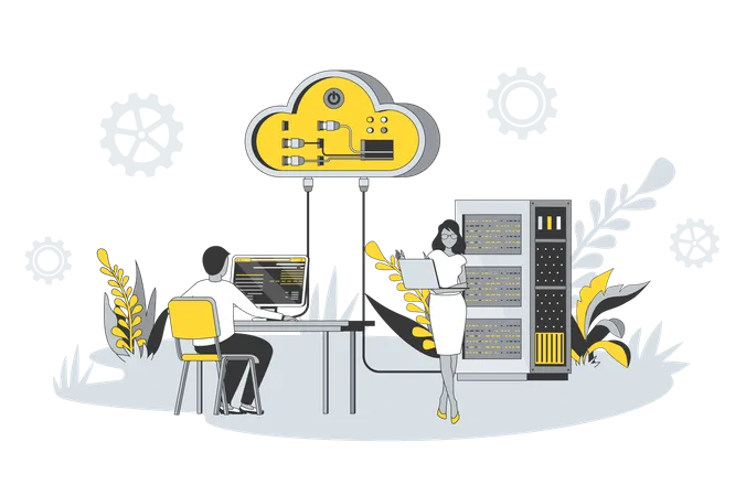 Web Hosting Concept In Flat Line Design People Working At Data Center Server Using Cloud Technology Administration Repair Software And Tech Support Vector Illustration With Outline Scene For Web Illustration