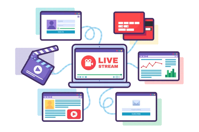 Web Live Stream Support Concept Illustration Business Online Broadcast Semi Flat Icon Data Analysis And Content Creation On Laptop Display Vector Isolated Color Drawing Illustration