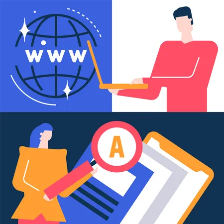 Search Concept Flat Design Style Colorful Illustration Unusual Composition With Male Female Characters Looking For Data On The Internet With Magnifying Glass Working With Laptop Image Of A Globe Illustration