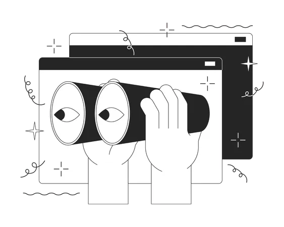 Web Searching Tool 2 D Linear Illustration Concept Using Binoculars To Look At Web Pages Cartoon Outline Character Hands Isolated On White Online Information Metaphor Monochrome Vector Art Illustration