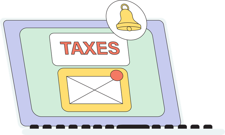 Web tax payment mail notification concept vector illustration. Composition with financial annual accounting, calculating and paying invoice, budget analysis and transactions letter online on laptop.  Illustration