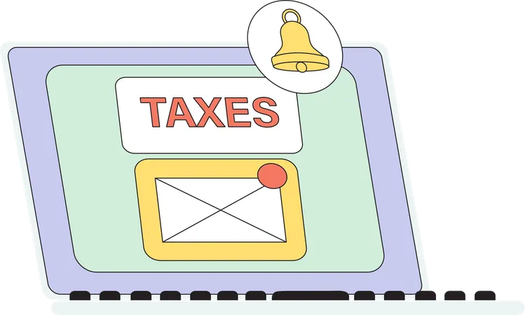 Web tax payment mail notification concept vector illustration. Composition with financial annual accounting, calculating and paying invoice, budget analysis and transactions letter online on laptop.  Illustration